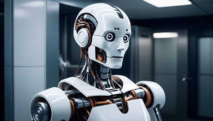 Modern robot standing at work. The future, robots doing human work