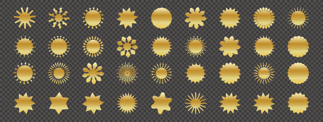 Gold blank stickers promo set. Collection of flat golden starburst, sale or price tag, quality mark design, retro 70s or 80s discount badge, sunray promotional element. Vector of hipster badges.