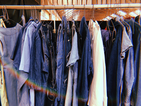 Variaty of jeans clothes on a flea market