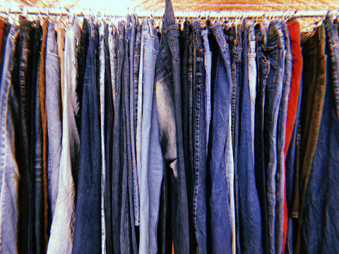 Variaty of jeans clothes on a flea market