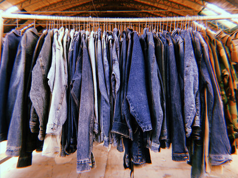 Variaty of jeans clothes on a flea market