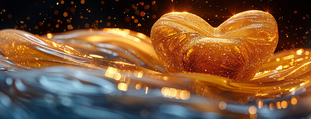 valentine banner heart shape created with flowing golden yellow color liquid resin in white background with transparent glass effect 