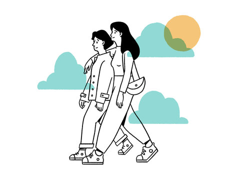 Happy couple walking together on sunny summer day