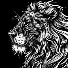 A black and white drawing of a lion with a long mane