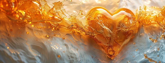 valentine banner heart shape created with flowing golden yellow color liquid resin in white background with transparent glass effect 