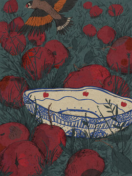 Apples, a bowl and a goldfinch