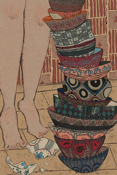 Women's feet, a stack of bowls and a broken bowl on the floor.