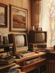 A vintage computer setup with '90s memorabilia