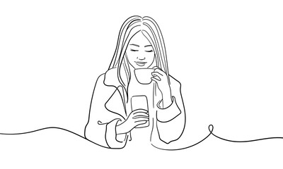 Girl drinks coffee and enjoys continuous line art drawing isolated on white background. Vector illustration