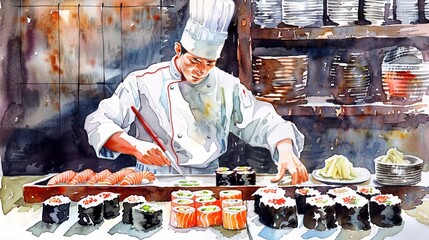 A watercolor painting of a sushi chef preparing sushi.