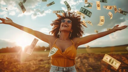 Joyful woman celebrating with falling money outdoors