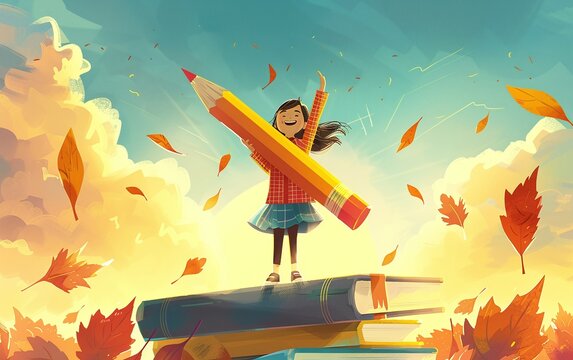 Joyful Girl with Giant Pencils and Flying Leaves