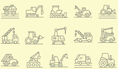 Thin line icons set of Heavy Equipment. Outline symbol collection. Editable vector stroke.