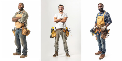 Three happy carpenters smiling with arms crossed wearing tool belts