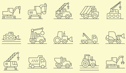 Thin line icons set of Heavy Equipment. Outline symbol collection. Editable vector stroke.