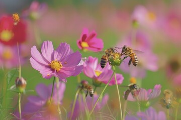 Two bees are gathering pollen of pink cosmos flowers in a beautiful flower garden with a shallow depth of field