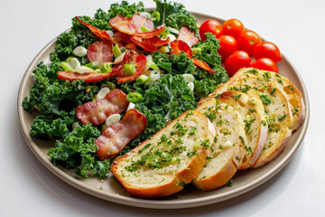 Bacon-Kale Salad and Garlic Bread with Sliced Scallions