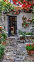 a traditional Greek house featuring a vibrant bougainvillea tree in white stone and terracotta pots on the terrace, surrounded by white walls and a cobblestone floor, bathed in gentle daylight.