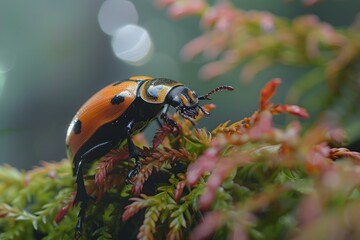 Large black and orange bug with long antennae crawling on a green plant with pink tips