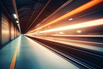 Subway tunnel with blurred light tracks with arriving train in the opposite direction - Concept of modern metro underground transport and connection speed