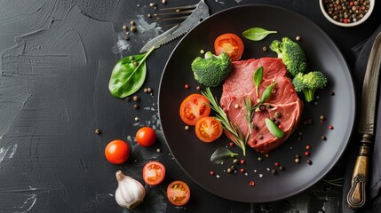 A raw steak with broccoli, tomatoes, and spices on a black plate.