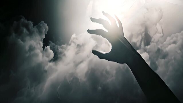 Spooky scary hands in smoke. Zombie hand on dark background with fog in mystery landscape. Scary horror 4k video design