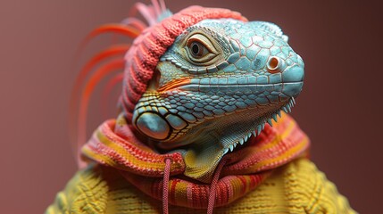 Fototapeta premium Relaxed pink colored iguana wearing a sweater
