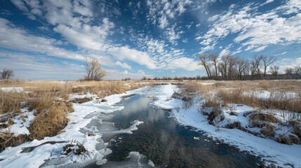 Cloudy skies over a solidified stream The river begins to thaw revealing patches of ice beneath a blanket of snow with wispy white clouds floating overhead