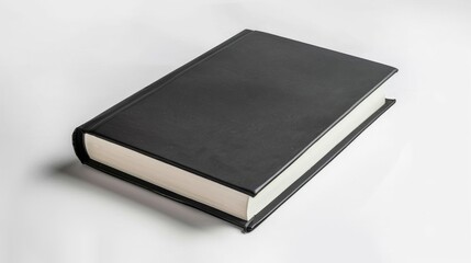 Isolated white background featuring a solitary black hardcover book