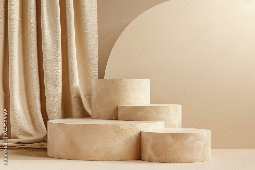 Poster empty round beige stone podiums of different heights displaying products on beige background with fl