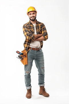 Construction worker smiling with arms crossed wearing tool belt on white background