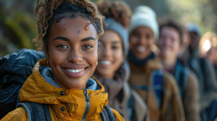 A group of friends of various ethnicities and abilities participating in an outdoor activity, such as hiking or playing sports