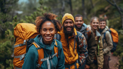 Fototapeta premium A group of friends of various ethnicities and abilities participating in an outdoor activity, such as hiking or playing sports