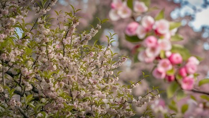 Obraz premium Beautiful background with apple tree blossom and blurred bokeh effect