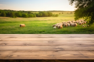 The empty wooden brown table top with blur background of sheep pasture. Exuberant image.