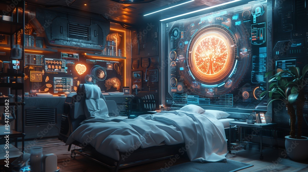 Poster a futuristic hospital room with a large holographic display showing a diagnostic scan of a patients 