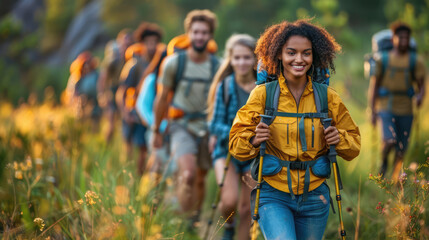 A group of friends of various ethnicities and abilities participating in an outdoor activity, such as hiking or playing sports
