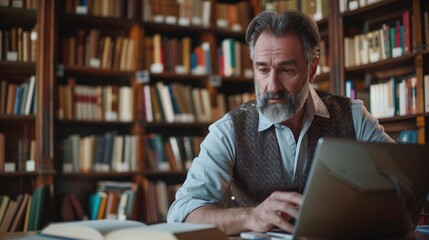 Knowledgeable Teacher Using Laptop Computer in a Library. Smart Middle Aged Male Educator Preparing Lectures for College Students, Checking Exams, Browsing and Researching Internet Articles