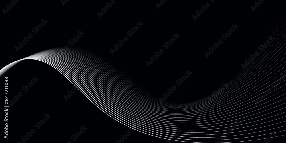 Poster flowing dots particles wave pattern 3d curve halftone black gradient curve shape isolated on white b
