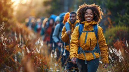 A group of friends of various ethnicities and abilities participating in an outdoor activity, such as hiking or playing sports