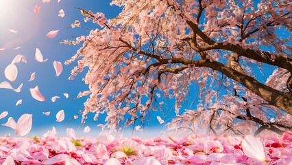 Beautiful sakura tree blossom against blue sky lovely warm romantic tone