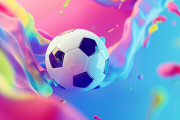 Naklejka premium A soccer ball surrounded by a vibrant and colorful splash on a bright background
