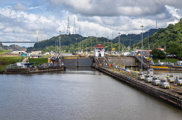 View of the Miraflores Locks, East Lane. Giant locks allow huge ships to pass through the Panama...