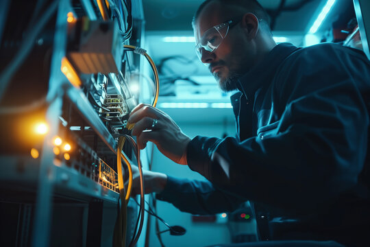 It engineer installing fiber optic cable in server rack