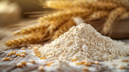 wide closeup photo of white fresh wheat flour on wooden table with seeds around 