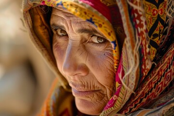 Fototapeta premium Senior middle eastern woman wearing traditional clothing looking away from camera