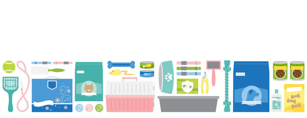 A set of cat and dog pet supplies in a row, with copy space
