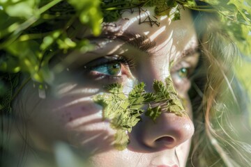 Beautiful caucasian woman wearing leaves posing in nature looking away from camera