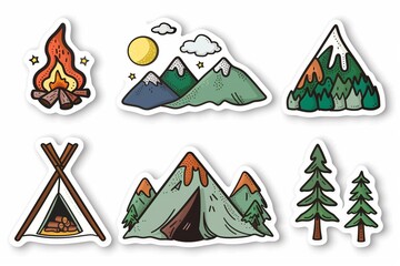 6 stickers of mountains and camping travel theme is cutting on the white background