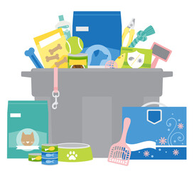 A stockpile of cat and dog pet supplies in a plastic bin
